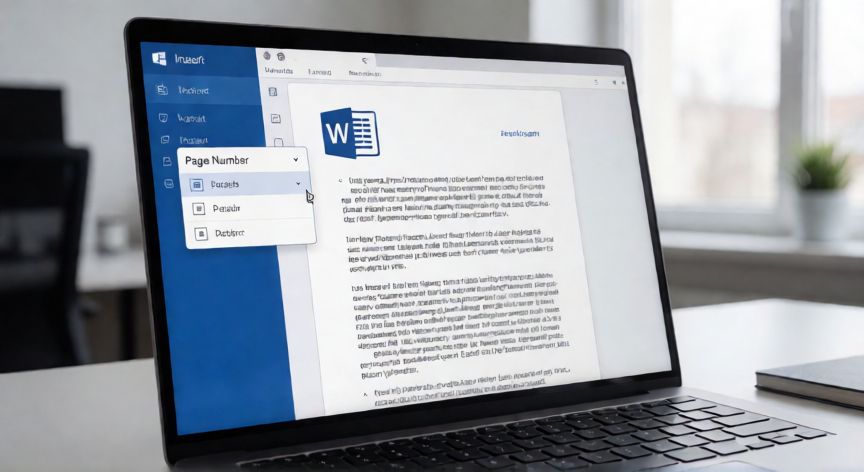 como enumerar paginas en word desde pagina 2, Vista de Word con el menú Número de página abierto en la pestaña Insertar