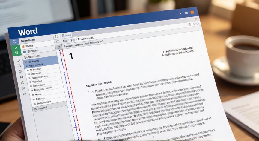como enumerar paginas en word desde pagina 2, Documento Word con salto de sección visible y numeración iniciando en la página 2