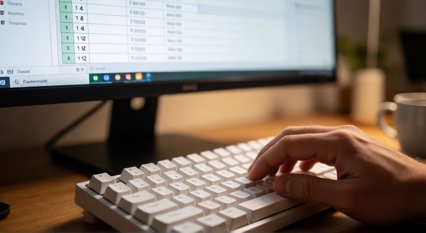 como escribir 1 4 en excel, Person tecleando en Excel con columnas de códigos tipo 1 4 visibles en pantalla
