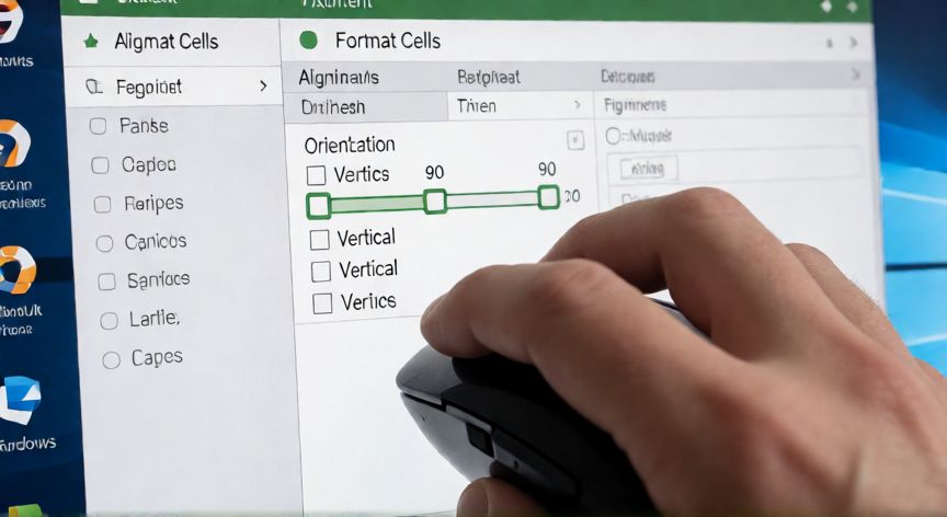 como escribir en excel vertical, Diálogo de Formato de celdas en Excel con la pestaña Alineación y la sección Orientación visible