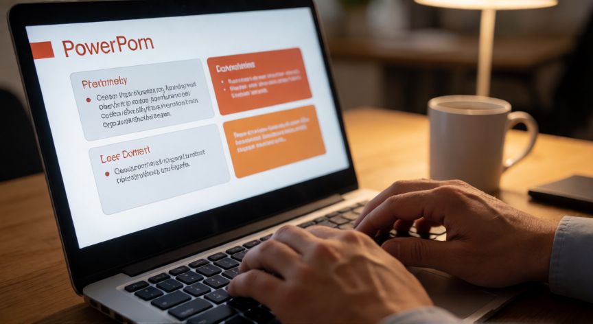 como escribir en powerpoint, Manos escribiendo en un portátil con una diapositiva de PowerPoint abierta mostrando cajas de texto y viñetas