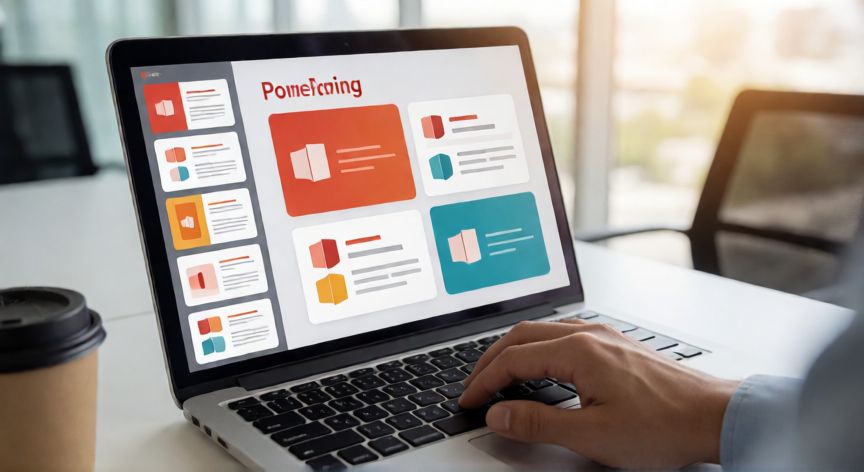 como escribir en un powerpoint ya hecho, Persona escribiendo en una presentación de PowerPoint en un escritorio de oficina