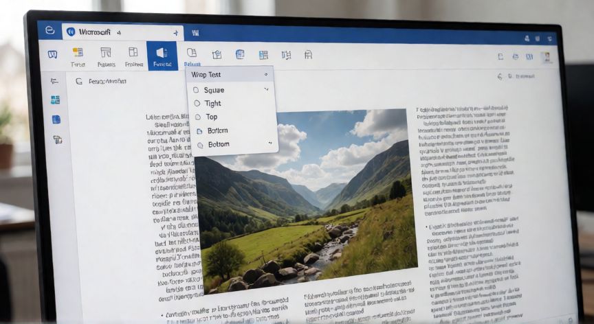 como escribir en word al lado de una imagen, Pantalla de Word con una imagen insertada y el menú Ajustar márgenes abierto mostrando las opciones de envolvente de texto