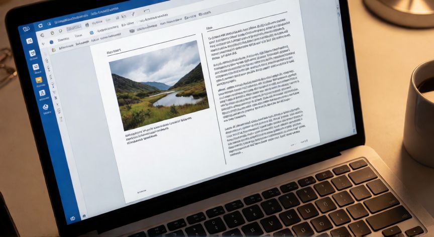 como escribir en word al lado de una imagen, Documento de Word con maquetación en tabla sin bordes: imagen a la izquierda y texto justificado a la derecha estilo revista