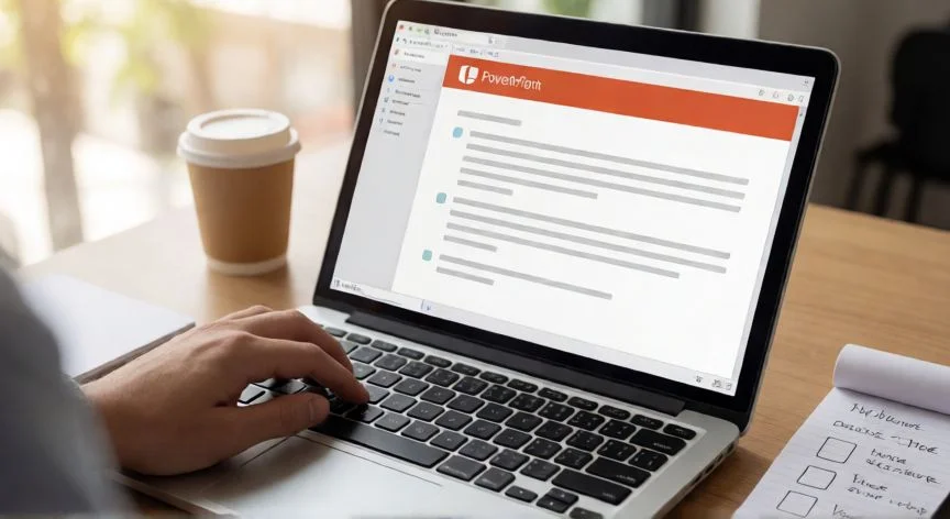 como escribir powerpoint, Persona escribiendo y editando una presentación en PowerPoint en su portátil
