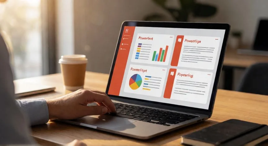 como fazer powerpoint, Pessoa criando apresentação no PowerPoint em um escritório moderno