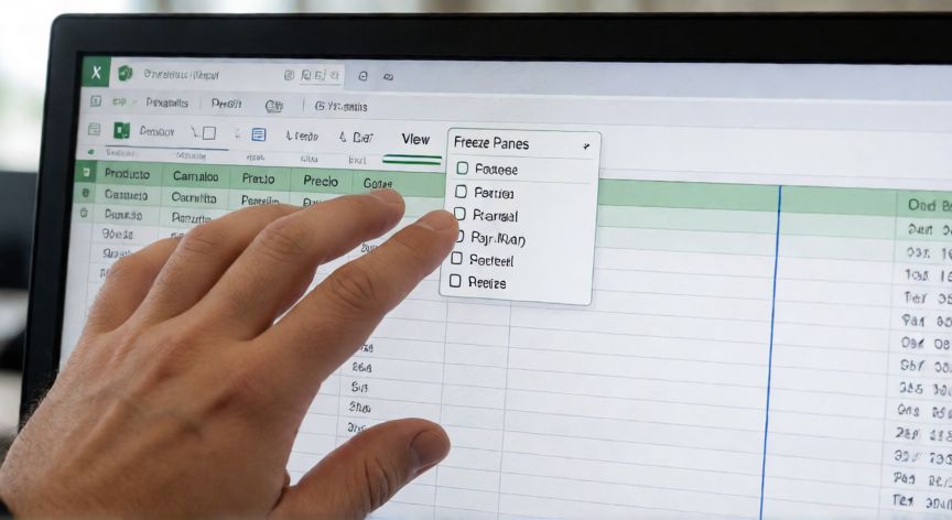como fijar en excel columnas, Interfaz de Excel mostrando el menú Vista con la opción Congelar Panes seleccionada sobre una hoja de cálculo con columnas de datos