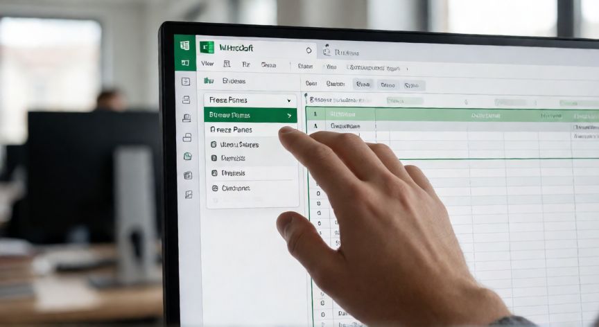 como fijar en excel una celda, Pantalla de Excel mostrando el menú Congelar paneles en la pestaña Vista con una hoja de cálculo de fondo