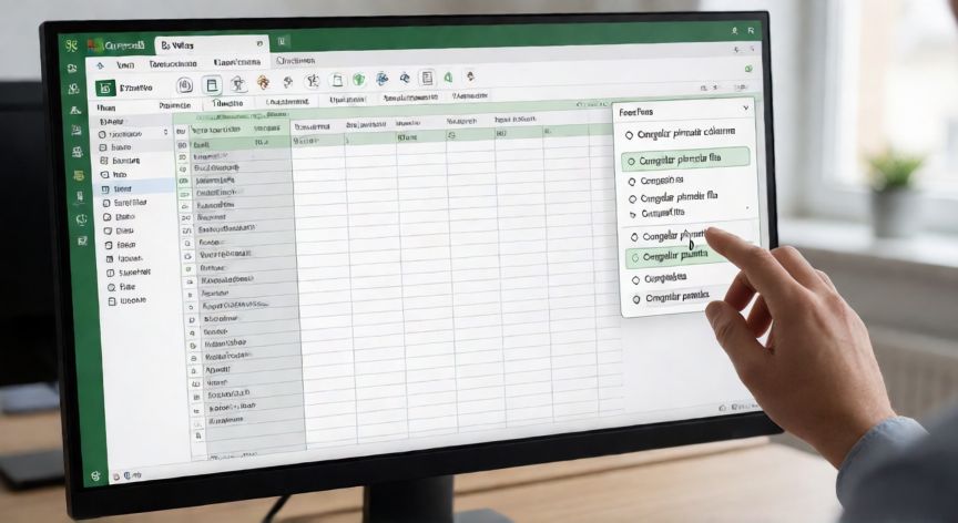 como fijar en excel una columna, Pantalla de Excel mostrando el menú Congelar paneles en la pestaña Vista