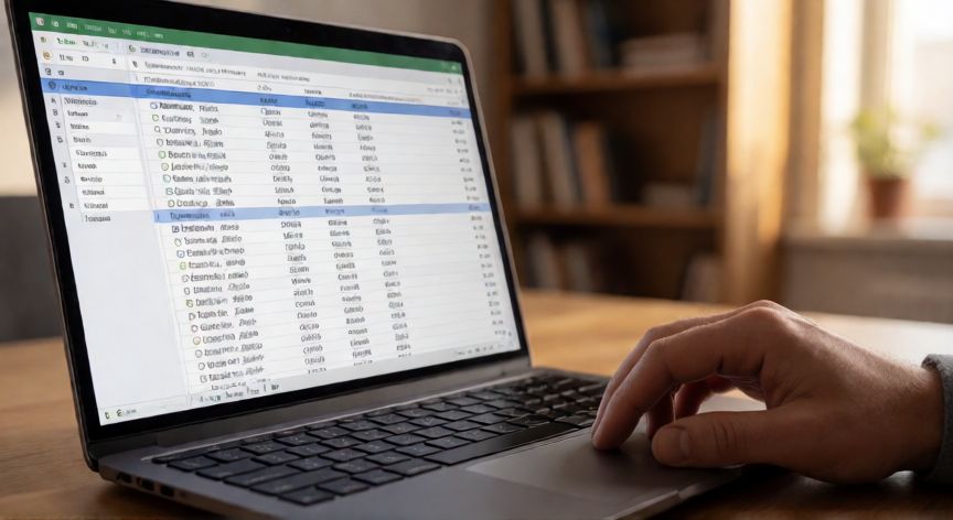 como fijar en excel una fila, Persona desplazándose por una hoja de Excel con varias filas congeladas en la parte superior