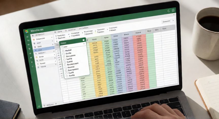 como filtrar en excel, Pantalla de Excel con el menú desplegable de filtro activo en el encabezado de una columna