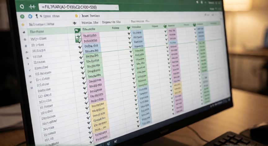 como filtrar en excel, Hoja de cálculo Excel con filtros aplicados en múltiples columnas y fórmula FILTRAR en la barra de fórmulas