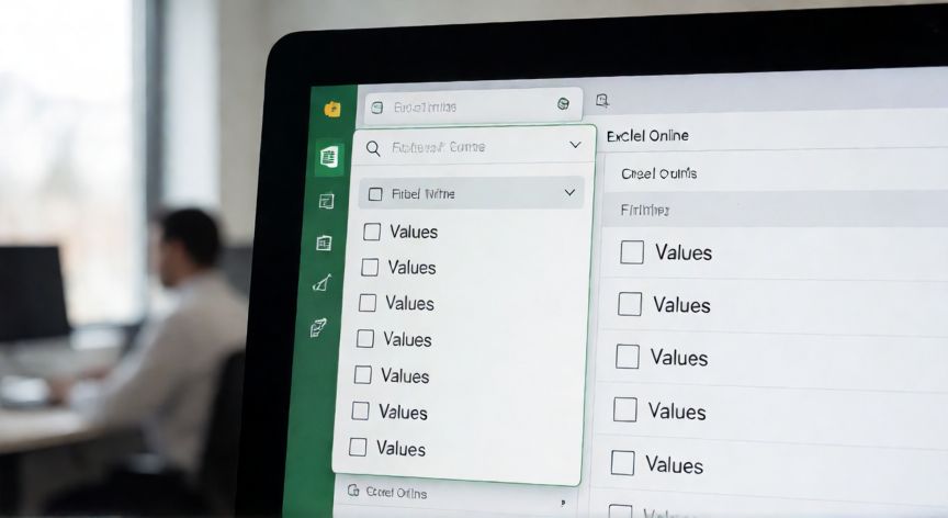 como filtrar en excel online, Menú desplegable de filtros abierto en Excel Online mostrando opciones de valores
