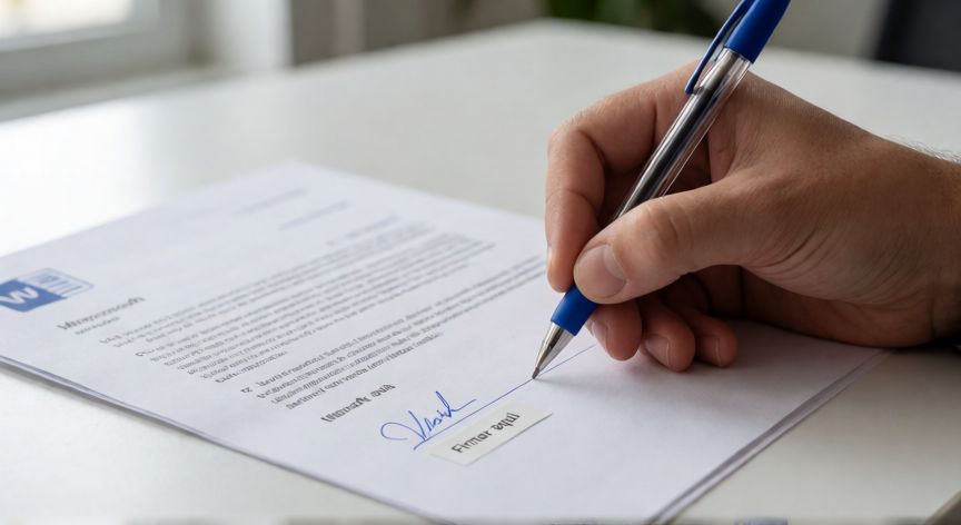 como firmar en word, Mano firmando un documento en Word con bolígrafo azul sobre escritorio