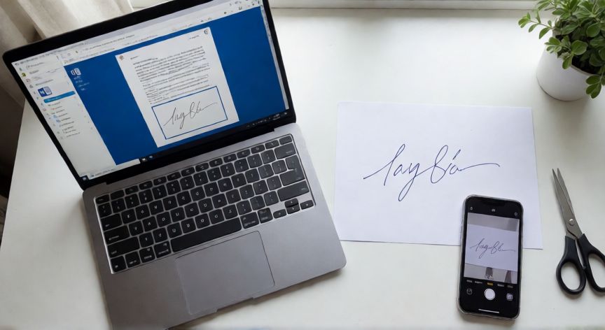 como firmar en word, Vista cenital de escritorio con laptop mostrando Word y hoja con firma escaneada
