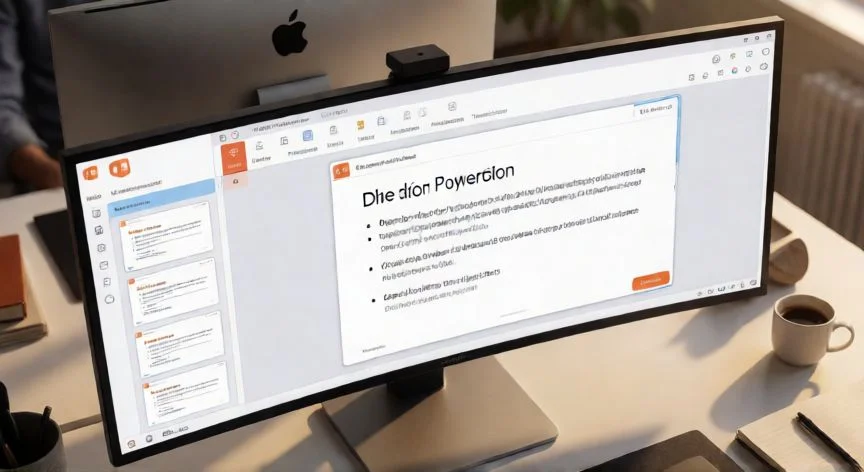 como funciona powerpoint, Interfaz de Microsoft PowerPoint en un monitor mostrando diapositivas, transiciones y panel de miniaturas