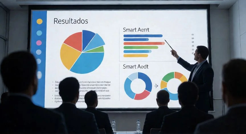 como funciona powerpoint, Presentación de PowerPoint proyectada en una sala de conferencias con gráficos y diagramas SmartArt