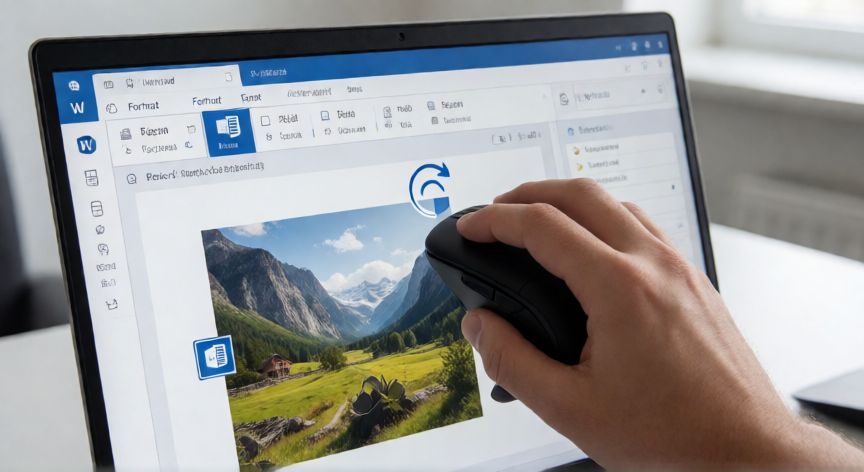 como girar en word una imagen, Icono de rotación de imagen visible sobre una fotografía seleccionada en Microsoft Word