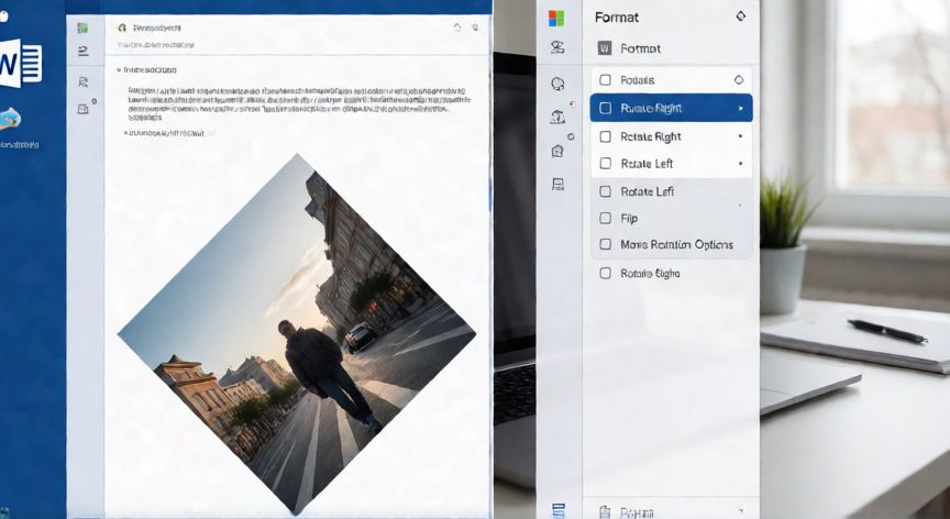 como girar en word una imagen, Menú de rotación de imágenes abierto en la pestaña Formato de Microsoft Word