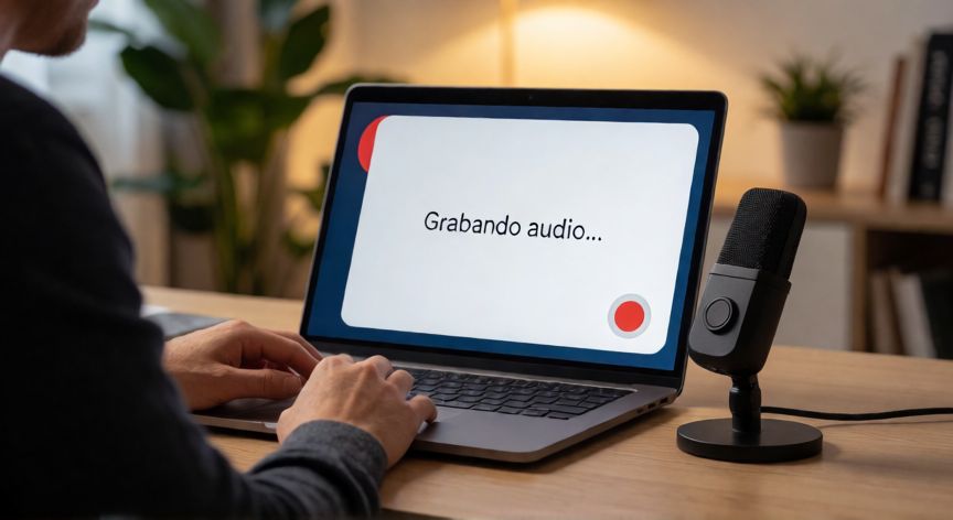 como grabar audio en powerpoint online, Persona grabando audio de voz en PowerPoint Online desde un portátil con micrófono USB
