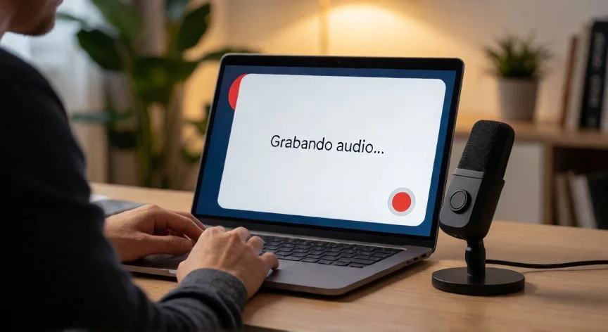 Persona grabando audio de voz en PowerPoint Online desde un portátil con micrófono USB