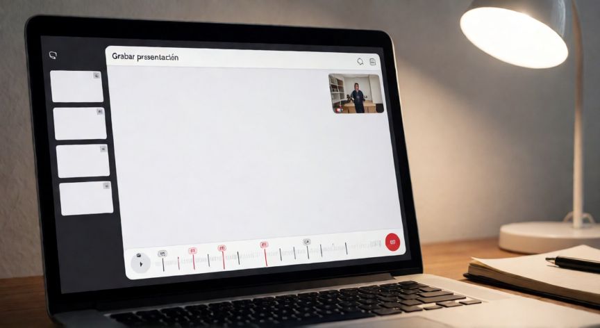 como grabar audio en powerpoint online, Interfaz de grabación de presentación completa en PowerPoint Online con línea de tiempo y miniaturas de diapositivas