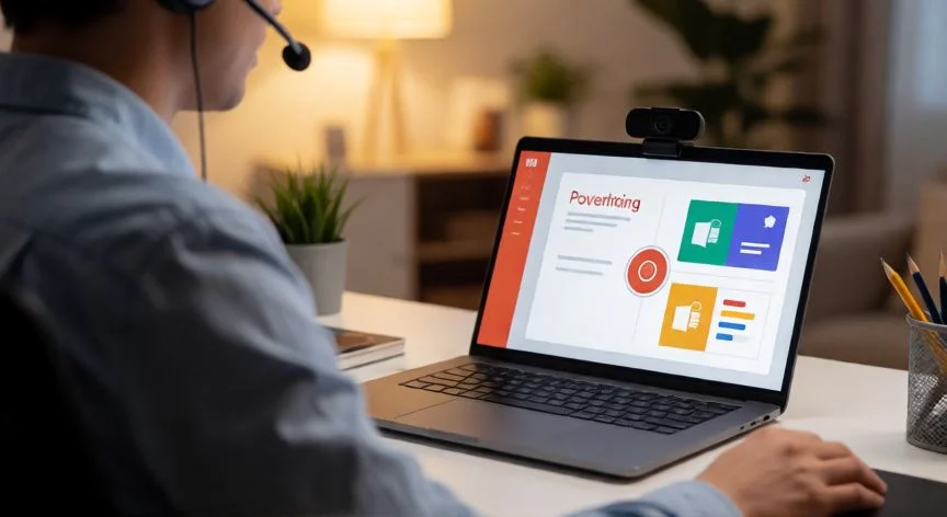 como grabar en powerpoint, Persona grabando una presentación en PowerPoint con micrófono de diadema y webcam