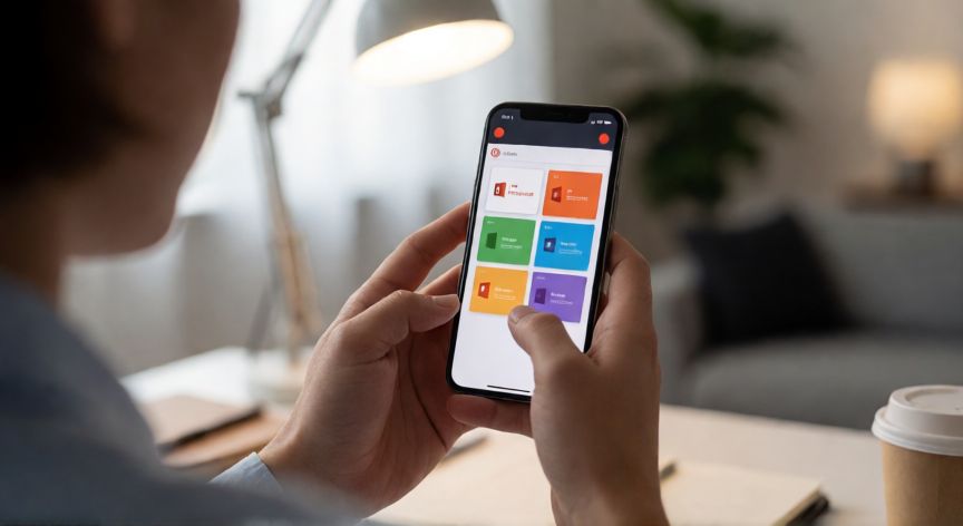 como grabar en powerpoint desde el celular, Persona grabando una presentación de PowerPoint en el móvil con el grabador de pantalla activo
