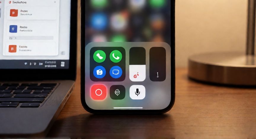como grabar en powerpoint desde el celular, Panel de control del iPhone con el botón de grabación de pantalla y micrófono activado