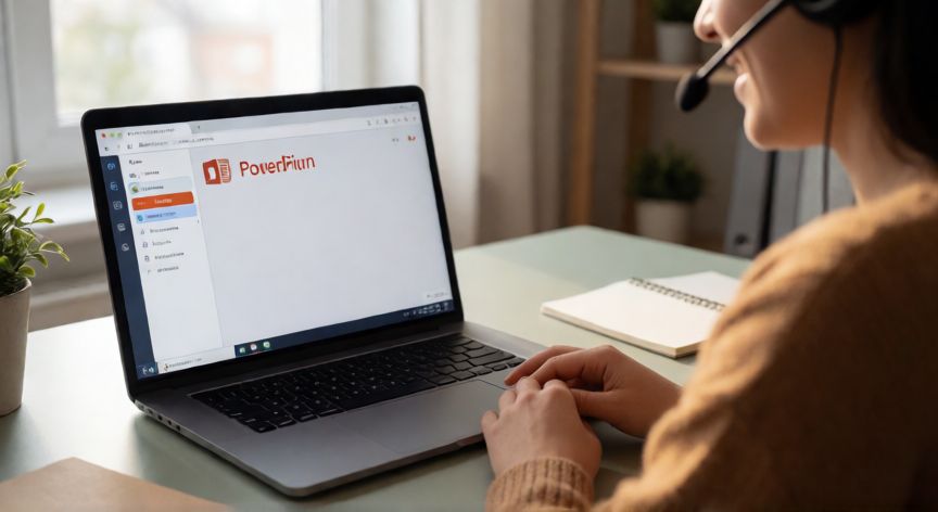 como grabar en powerpoint online, Persona grabando una presentación en PowerPoint Online con auriculares y cámara activada