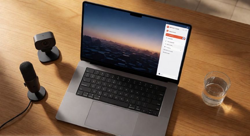 como grabar en powerpoint online, Panel de grabación de PowerPoint Online con opciones de cámara, micrófono y pantalla visible en el navegador