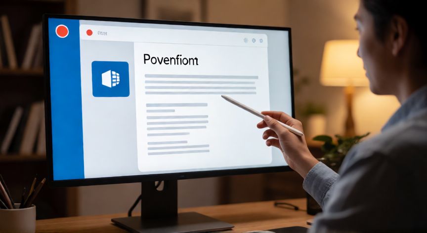 como grabar en powerpoint video, Persona grabando una presentación narrada en PowerPoint con indicador de grabación activo