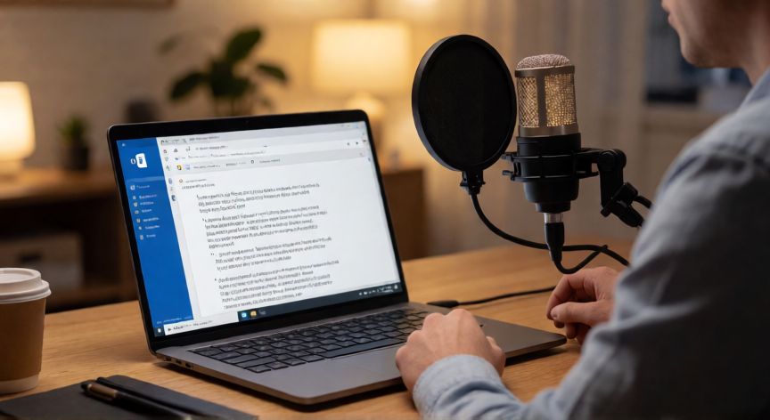 como grabar en word y que se escriba, Persona usando dictado por voz en Microsoft Word con micrófono de escritorio