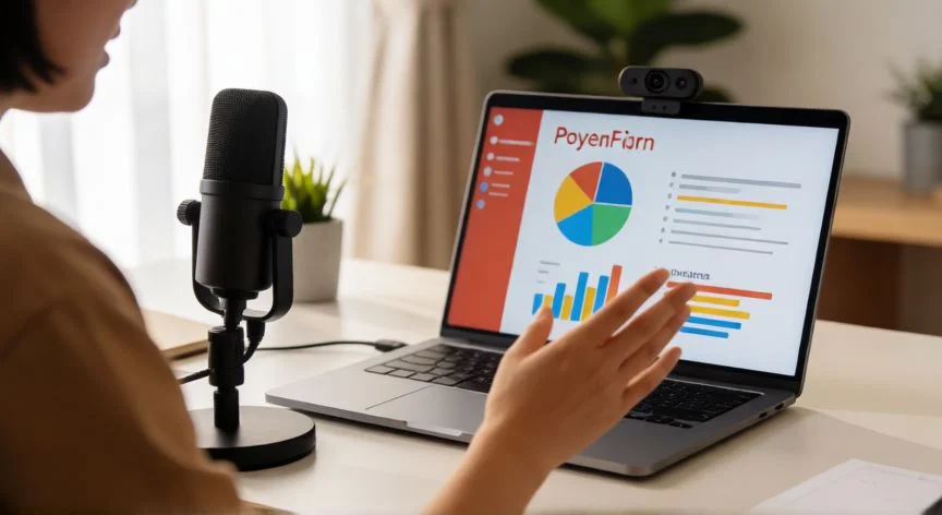 como grabar powerpoint, Persona grabando una presentación de PowerPoint con micrófono USB y cámara web en un escritorio