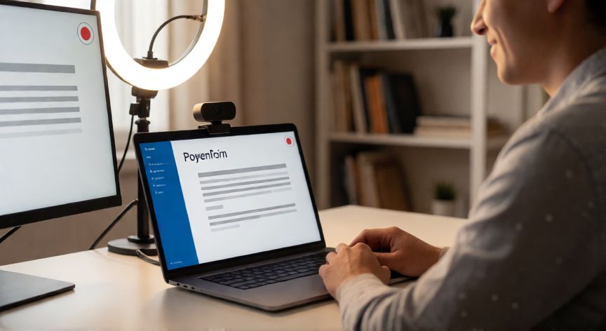 como grabar powerpoint con camara, Persona grabando una presentación de PowerPoint con webcam y anillo de luz en una oficina en casa