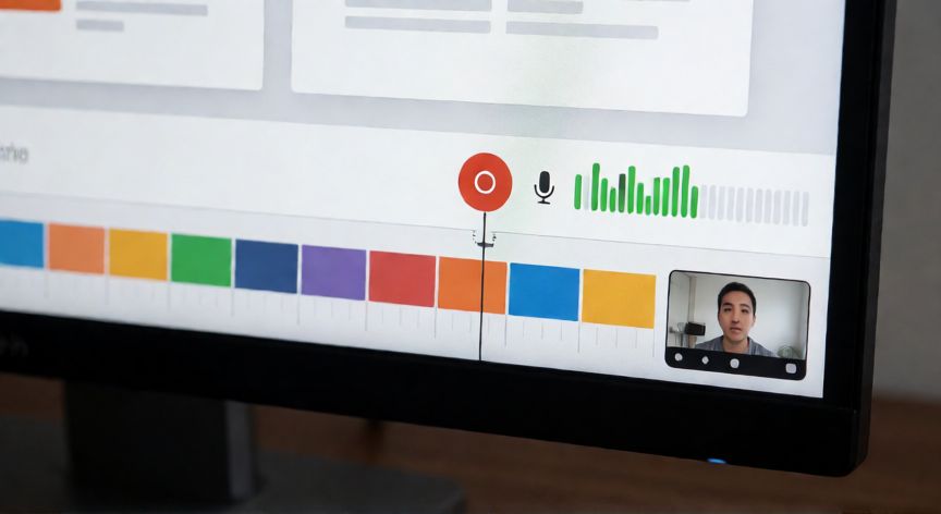 como grabar powerpoint con camara, Interfaz de grabación de PowerPoint con línea de tiempo, indicador de micrófono y ventana de preview de la webcam