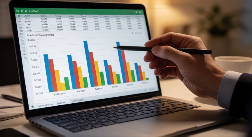 como graficar excel, Persona creando un gráfico de columnas en Excel sobre una laptop de escritorio