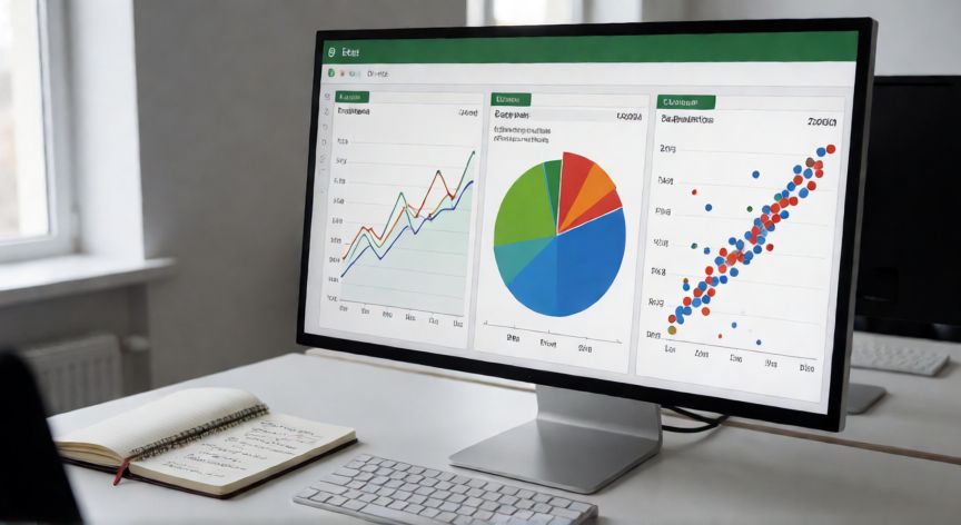 como graficar excel, Monitor mostrando varios tipos de gráficos de Excel: línea, pastel y dispersión en un escritorio de oficina