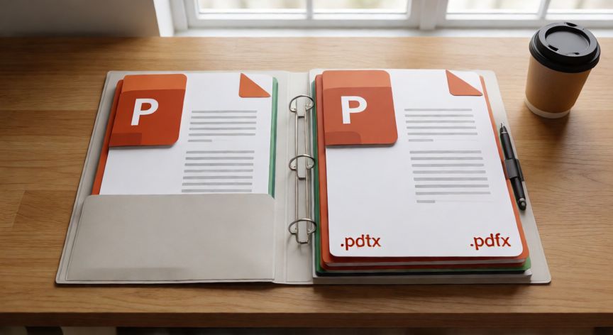como guardar en powerpoint, Carpeta organizada con archivos de PowerPoint en formatos pptx y pdf sobre un escritorio de oficina