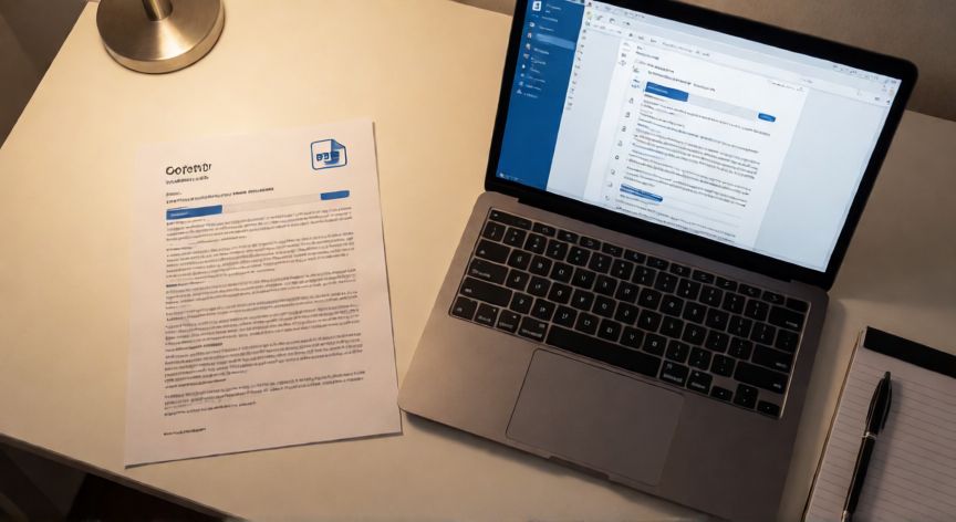 como guardar en word a pdf, Documento PDF impreso junto a un portátil con Word abierto mostrando el proceso de conversión