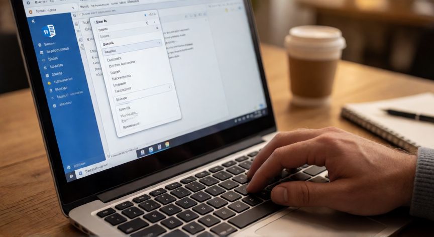 como guardar en word un documento, Persona guardando un documento en Microsoft Word usando la opción Guardar como desde el menú Archivo