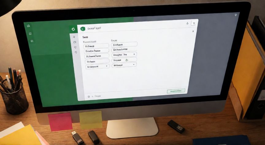 como guardar excel, Ventana de Guardar como de Excel con opciones de formato y un pendrive en el escritorio