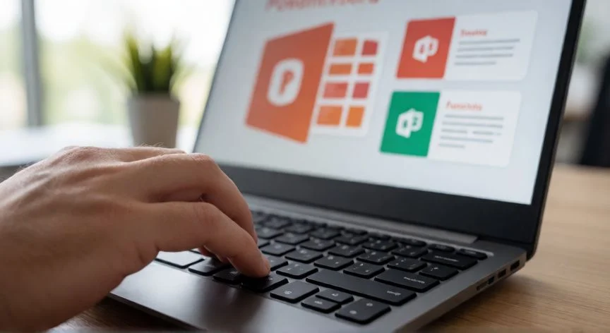 Persona guardando una presentación de PowerPoint con Ctrl+S en un portátil
