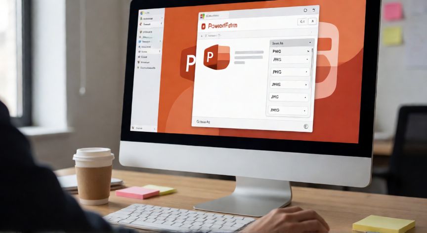 como guardar powerpoint en imagen, Pantalla de PowerPoint mostrando el diálogo Guardar como con opciones de formato PNG y JPEG seleccionadas