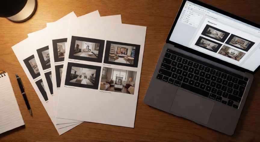 como guardar powerpoint en imagen, Diapositivas de PowerPoint exportadas como imágenes PNG dispuestas sobre un escritorio junto a un portátil con PDF abierto