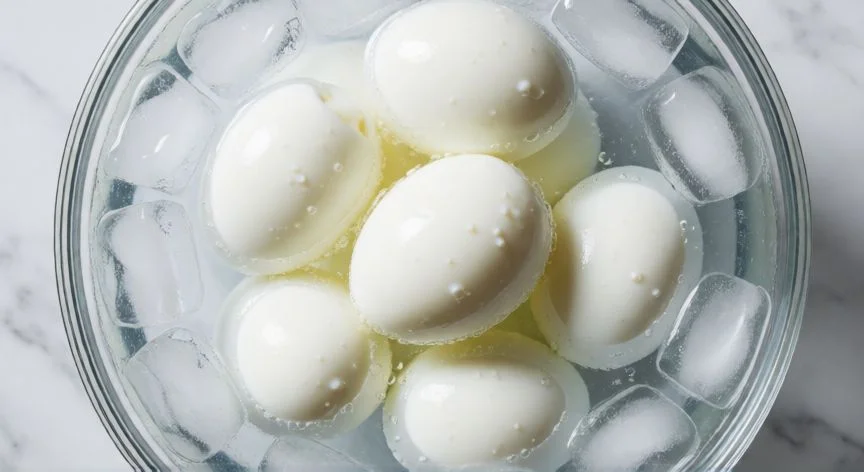 como hacer 1 huevo duro, Huevos duros pelados enfriándose rápidamente en un recipiente con agua y hielo