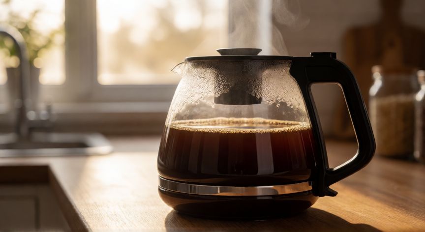 como hacer 1 litro de cafe, Jarra de cristal llena de café recién hecho humeante sobre una encimera de madera