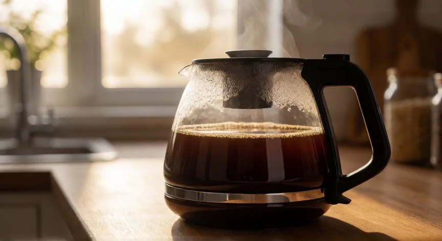 Jarra de cristal llena de café recién hecho humeante sobre una encimera de madera