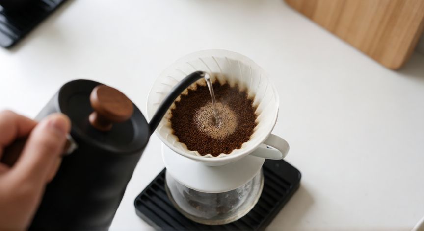 como hacer 1 litro de cafe, Manos de barista vertiendo agua caliente en un goteador V60 con café molido