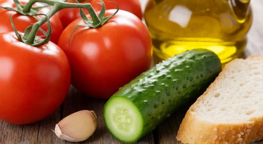 Ingredientes frescos para preparar gazpacho sobre mesa de madera